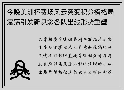 今晚美洲杯赛场风云突变积分榜格局震荡引发新悬念各队出线形势重塑 今晚美洲杯赛场风云突变积分榜格局震荡引发新悬念各队出线形势重塑