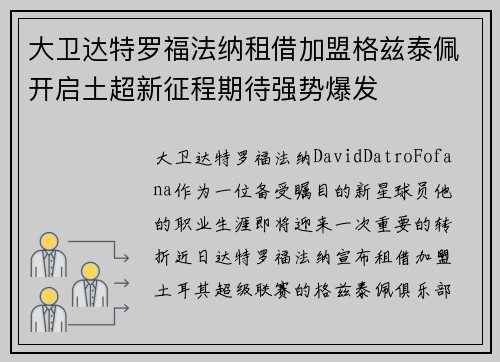 大卫达特罗福法纳租借加盟格兹泰佩开启土超新征程期待强势爆发