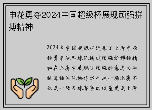 申花勇夺2024中国超级杯展现顽强拼搏精神 申花勇夺2024中国超级杯展现顽强拼搏精神